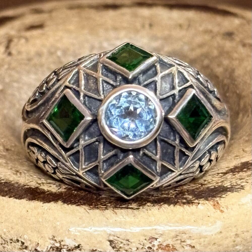 Sterling Silver, Green Chrome Diopside & Topaz Dome Ring Size 10 by HT Vintage